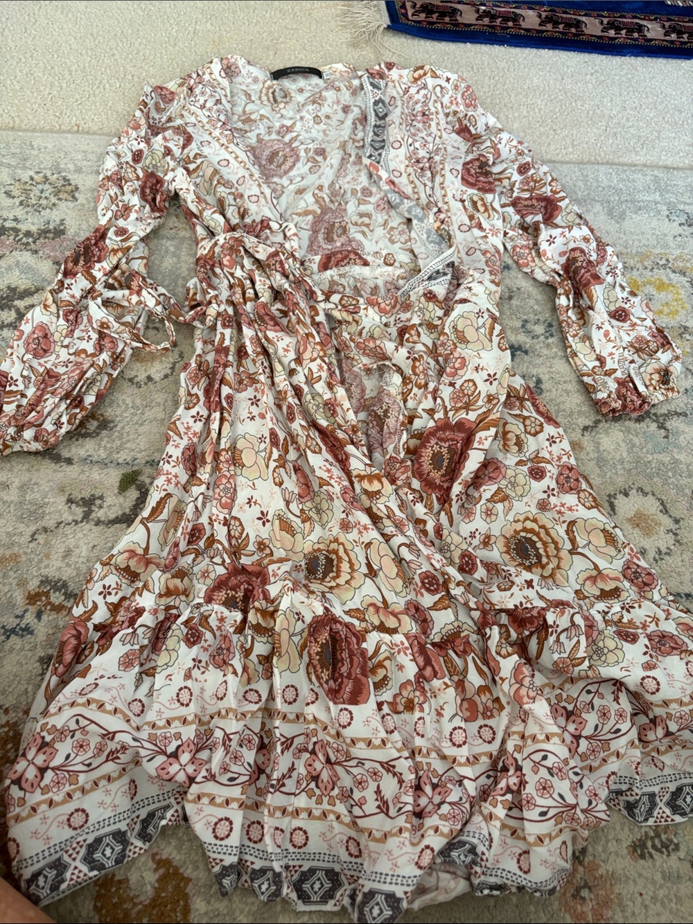Long-Sleeve Floral Wrap Dress in Cream and Rust